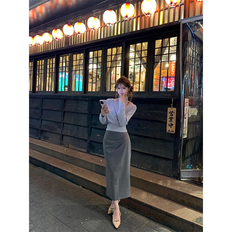 秋冬御姐风时尚套装纯欲休闲洋气小众蕾丝长袖上衣高腰包臀半身裙