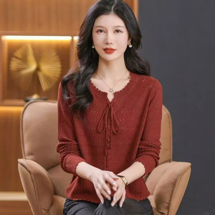 时尚新款圆领棉宽松针织衫女2025年春秋新款镂空毛衣罩衫短款上衣