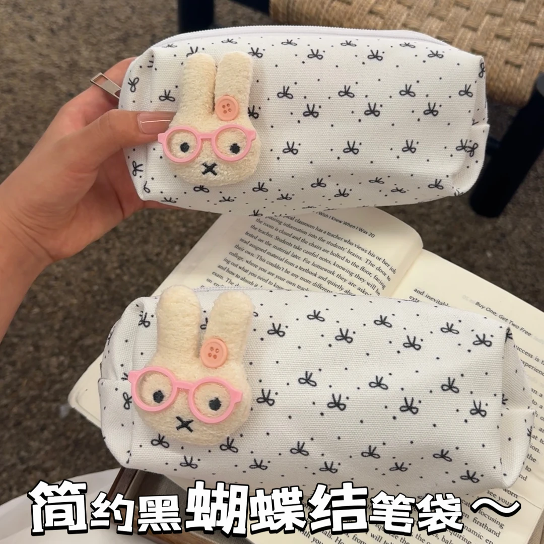 简约黑蝴蝶结笔袋ins米菲兔可爱少女学生化妆包大容量文具收纳袋