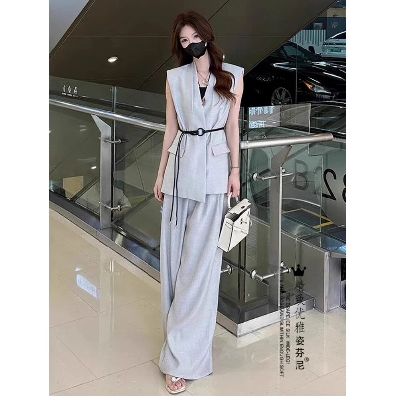 【纪朵研】0944气质套装女士夏季新款收腰西装马甲阔腿裤穿搭两件套