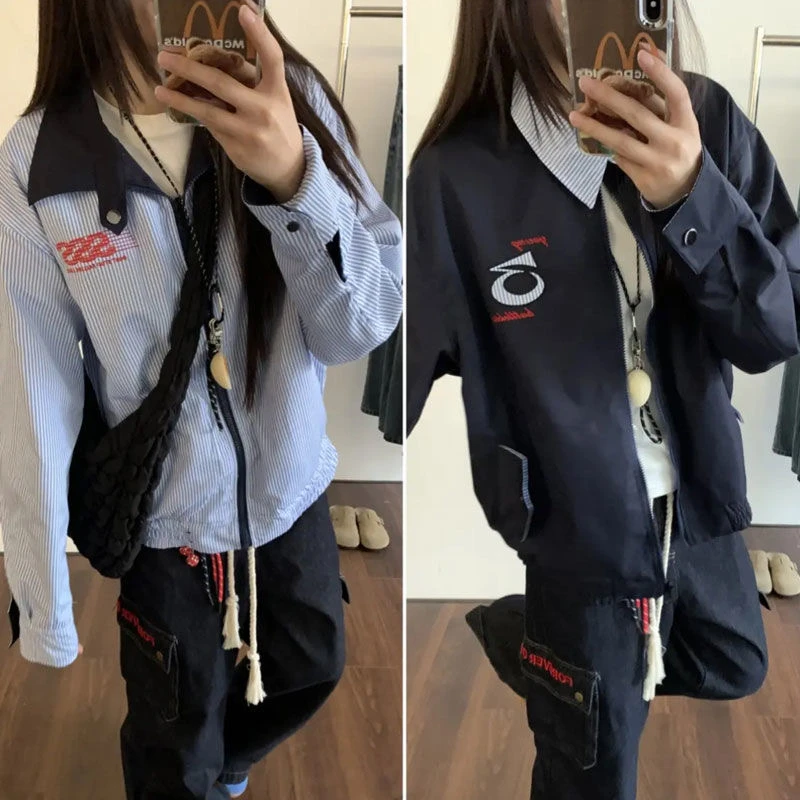 双面穿翻领夹克休闲外套潮流女ins网红爆款复古美式条纹拼接