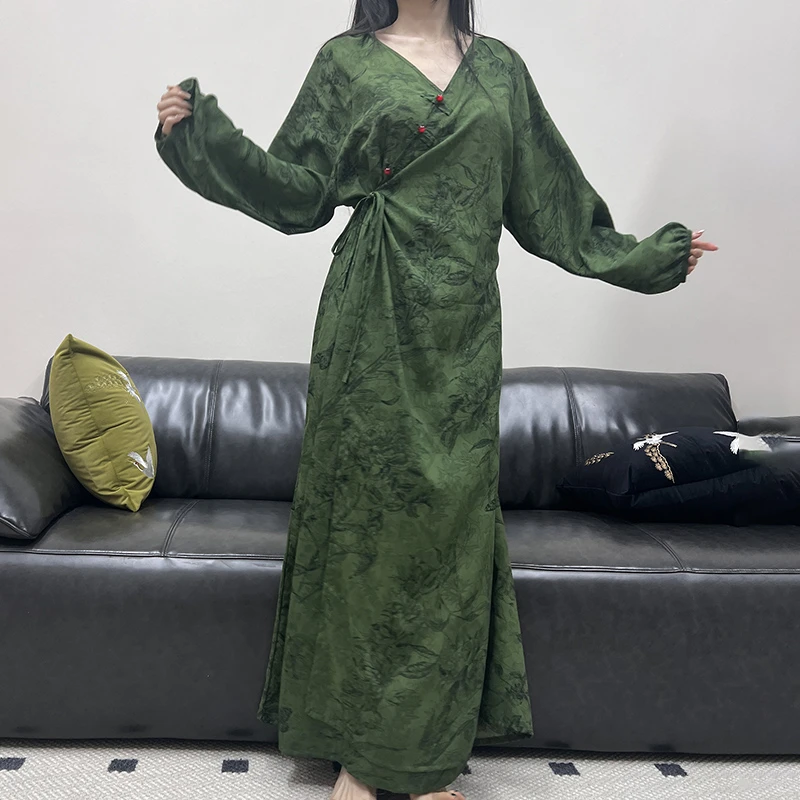 新中式慵懒范旗袍式睡裙女夏季超薄凉快棉绸连衣裙国风裙子加长款