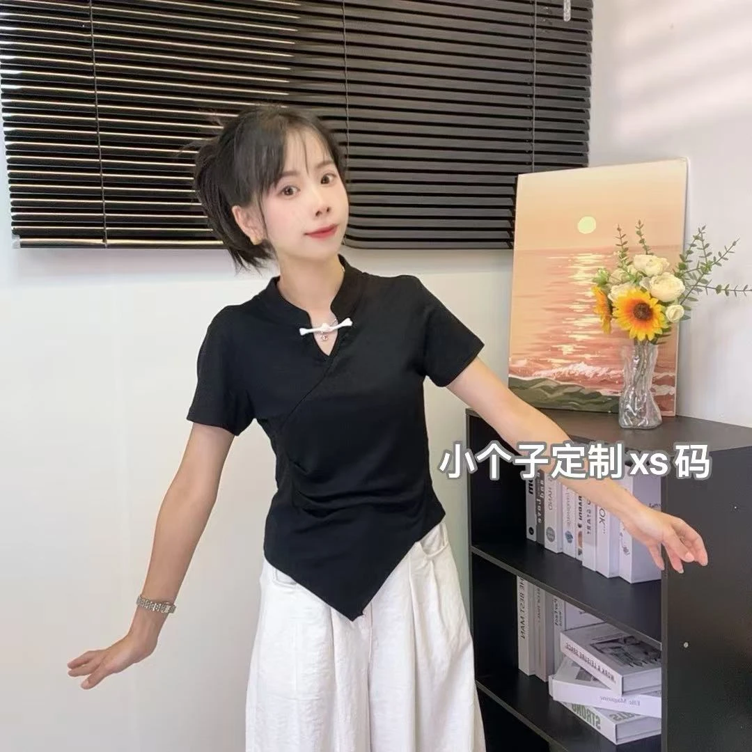 145小个子新中式国风盘扣不规则短袖t恤遮肚子显瘦修身上衣