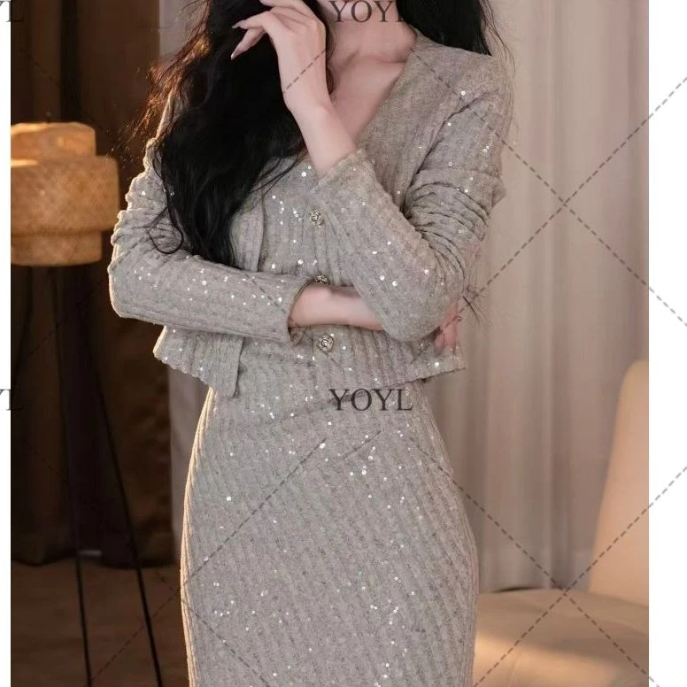 【梦婷】星尘秋季新款气质显瘦两件套鱼尾连衣裙-YL11872