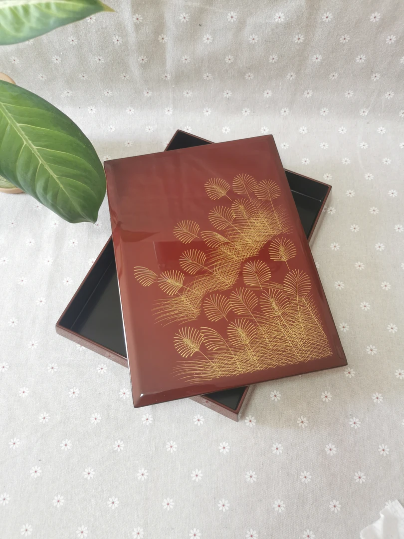 金色麦穗漆盒 越前漆器文盒砚箱 日式大漆盒 长方形收纳盒点心盒