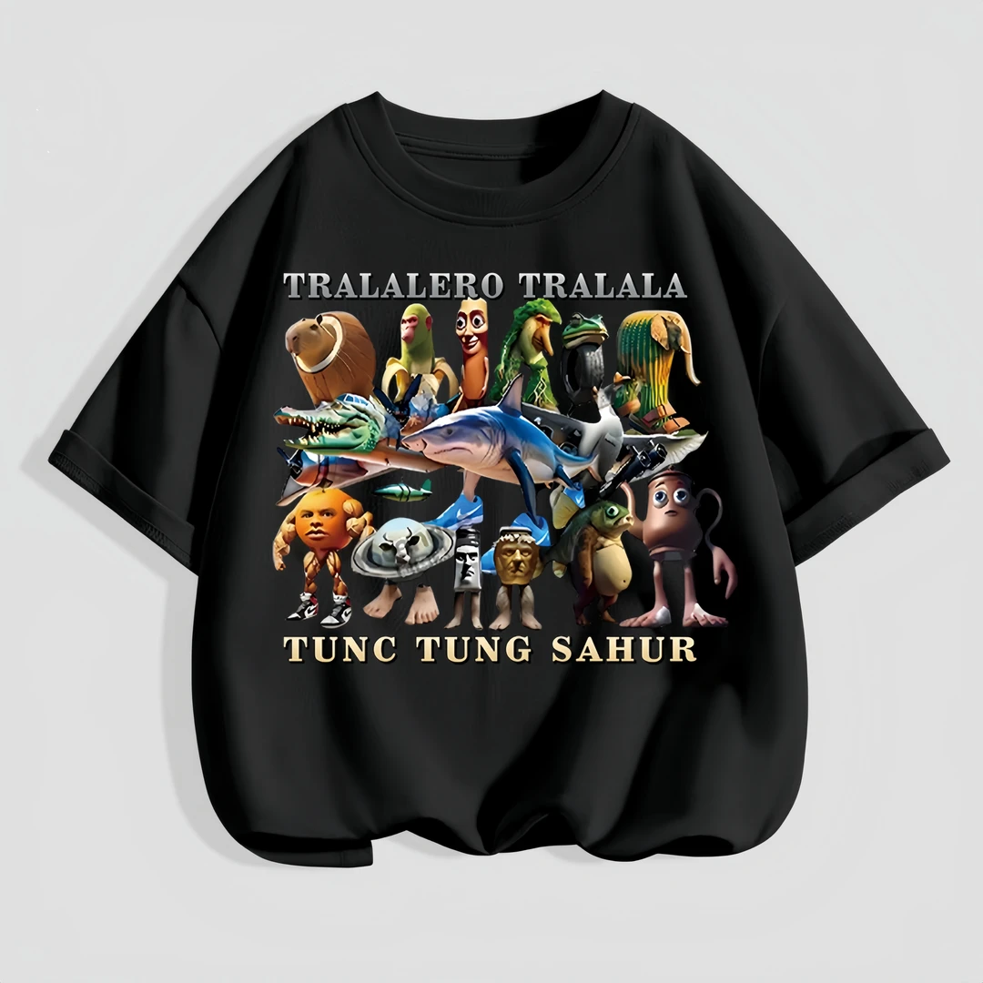 儿童夏季短袖T恤 山海经木棍人印花圆领洋气潮牌男女童纯棉半袖