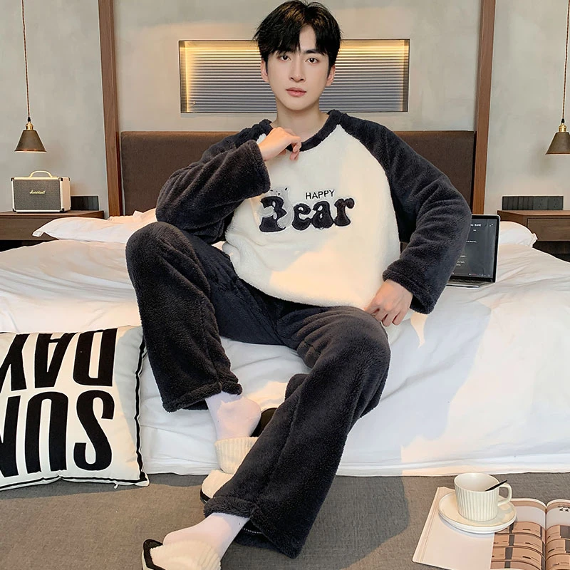 男士睡衣冬季珊瑚绒加厚加绒法兰绒长袖长裤冬季青少年男款家居服