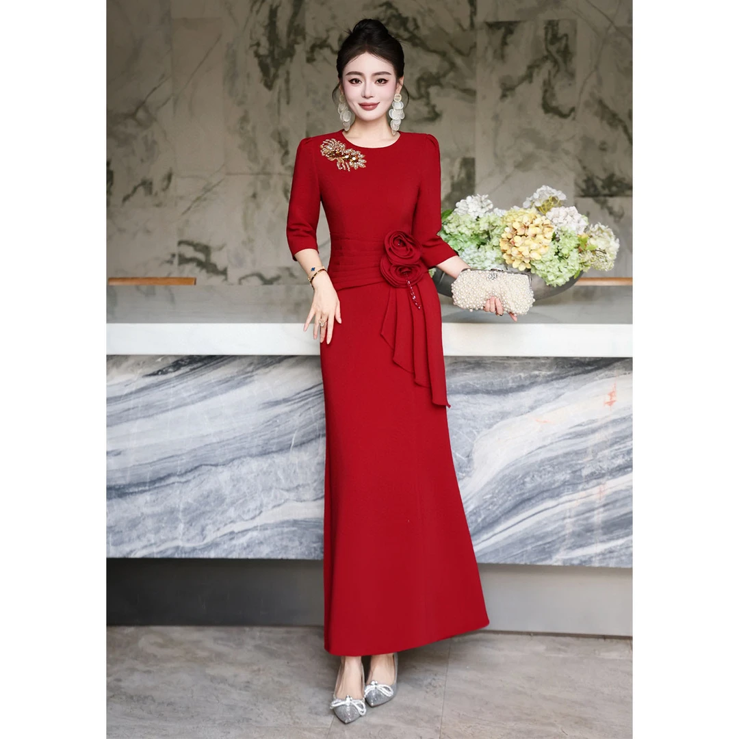高档婚礼宴会礼服裙秋结婚红色修身订钻腰花朵优雅长裙连衣裙大码
