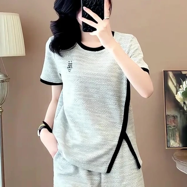 韩版潮韩系休闲时尚洋气通勤撞色开叉设计感短袖T恤上衣夏季新款