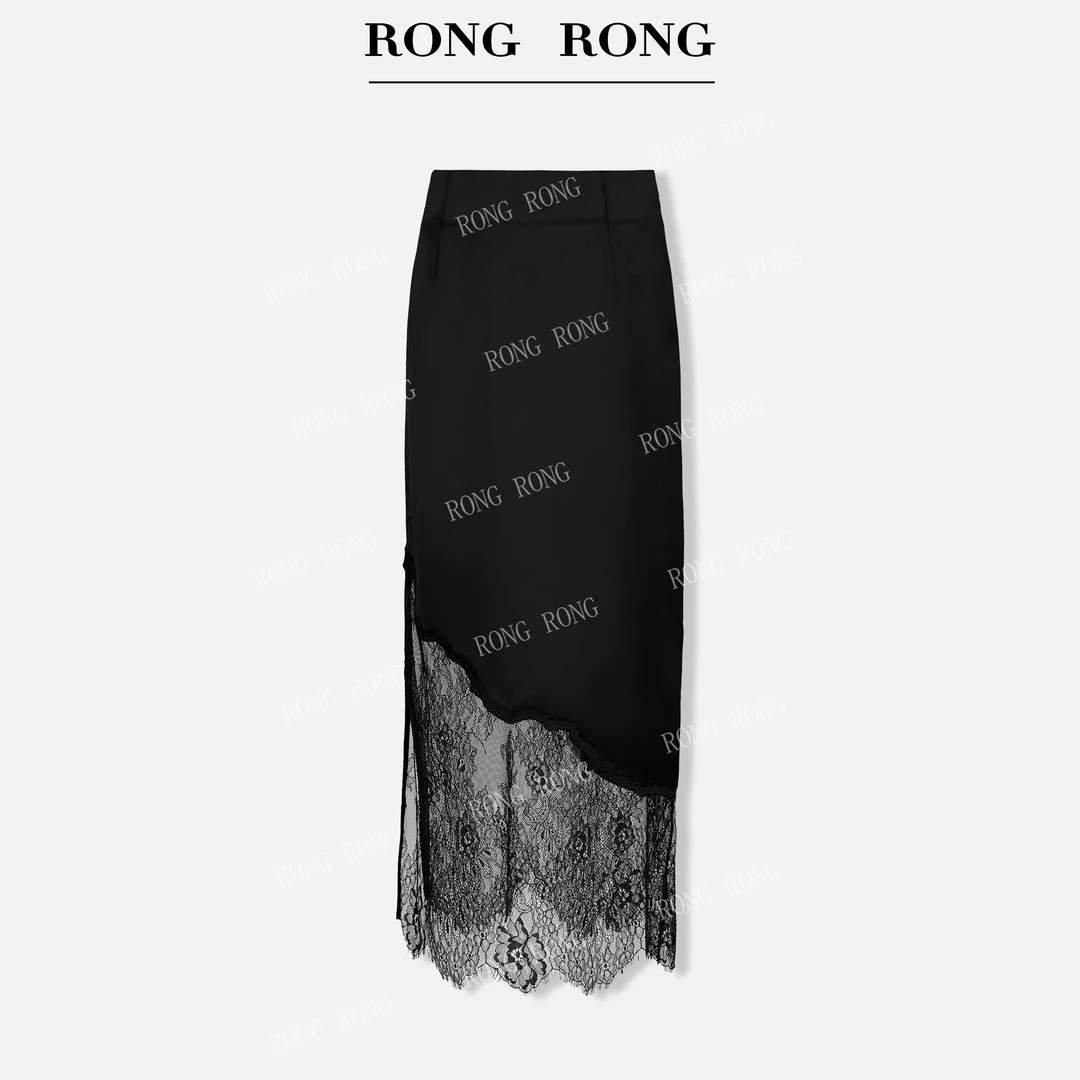 溶溶J【幻梦流光】RONGRONG醋酸高腰缎面拼接镂空蕾丝半身裙RR25671