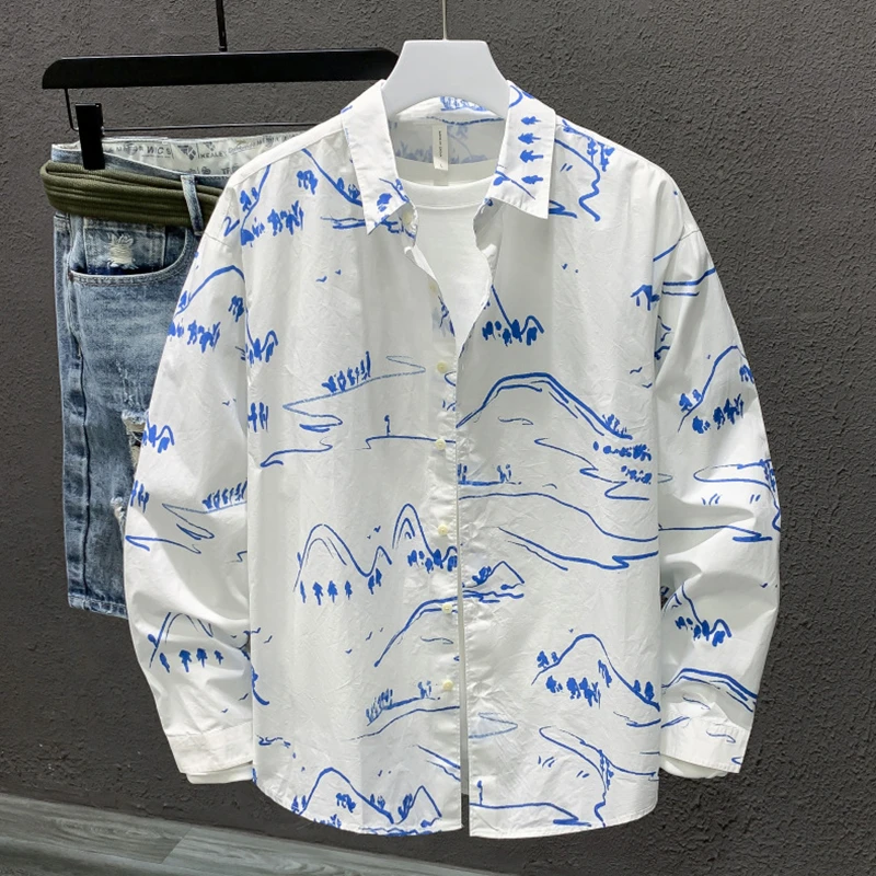 春秋印花长袖衬衫男士秋季新款宽松潮流帅气翻领上衣男装衬衣外套