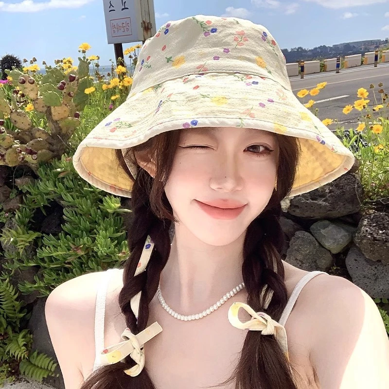 日系可爱甜美碎花双面渔夫帽女夏季大帽檐遮阳防晒显脸小盆帽潮gh