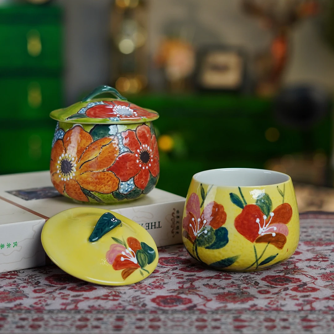 【两只装】手绘陶瓷釉下彩炖盅带盖耐高温家用调料罐大容量油瓷罐