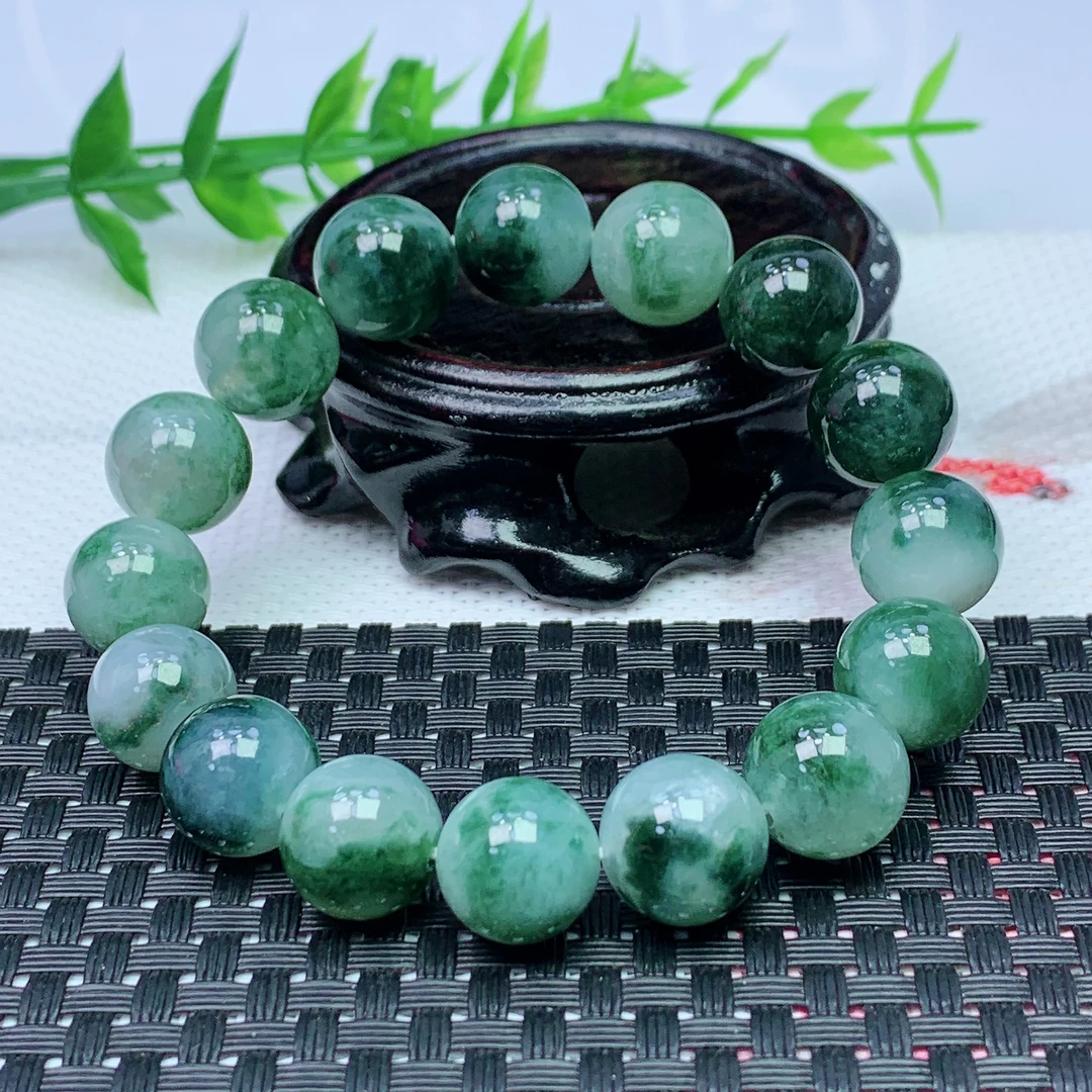 缅甸天然A货翡翠 飘花圆珠手串 珠大12+mm 16颗 02