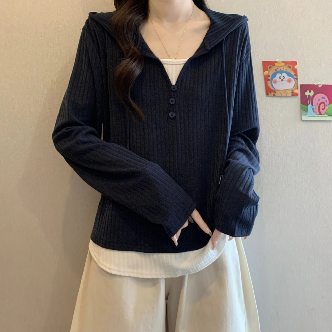 大码遮肚子假两件连帽长袖卫衣女春秋微胖MM宽松显瘦百搭洋气上衣