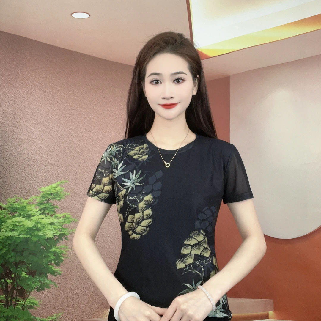 2025夏季新款短袖圆领肌肤纱时尚显瘦印花T恤上衣A274
