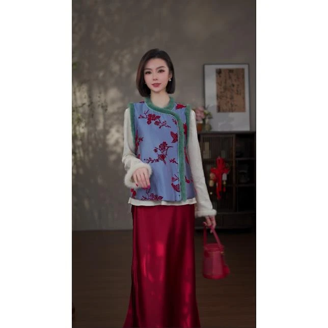 GONG QUE【传承系列 漳绒】 新中式秋冬款夹棉拼貂毛马甲 242134