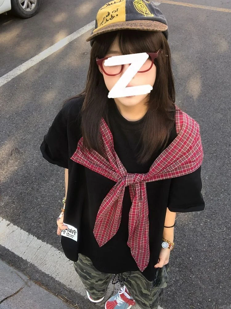 美式复古格子披肩圆领短袖T恤女夏季独特设计感宽松百搭情侣上衣