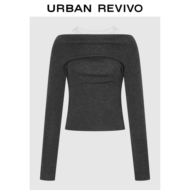 UR2026春季新款女装魅力撞色假两件褶皱短款针织衫UWG950280