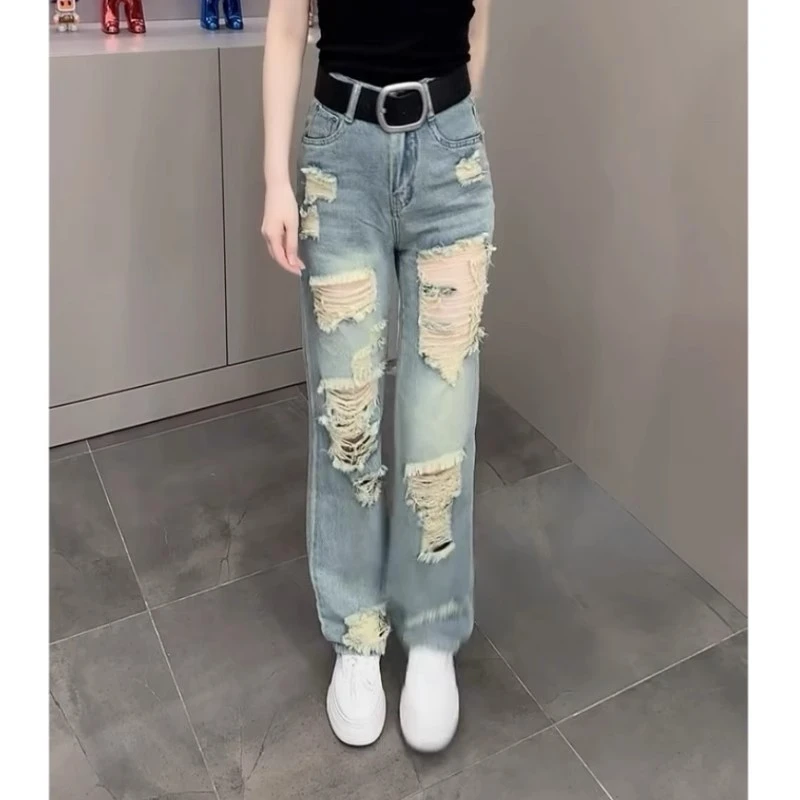 美式复古辣妹风破洞牛仔裤女宽松拖地阔腿裤2025夏季新款慵懒长裤