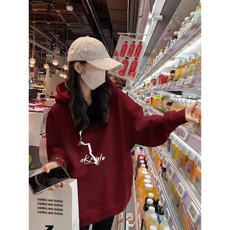 酒红色加绒加厚连帽卫衣女2026新年衣服韩系时尚保暖长袖上衣外套