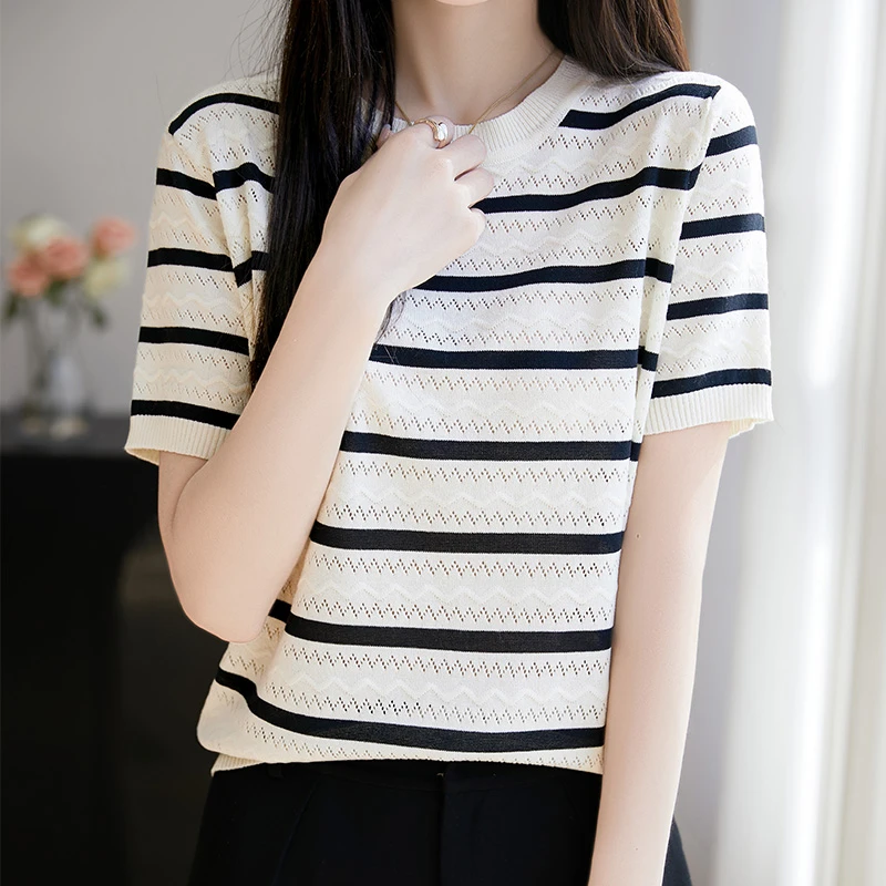 品牌女装正品夏季新款七彩波纹短袖T恤半袖气质百搭宽松条纹薄款