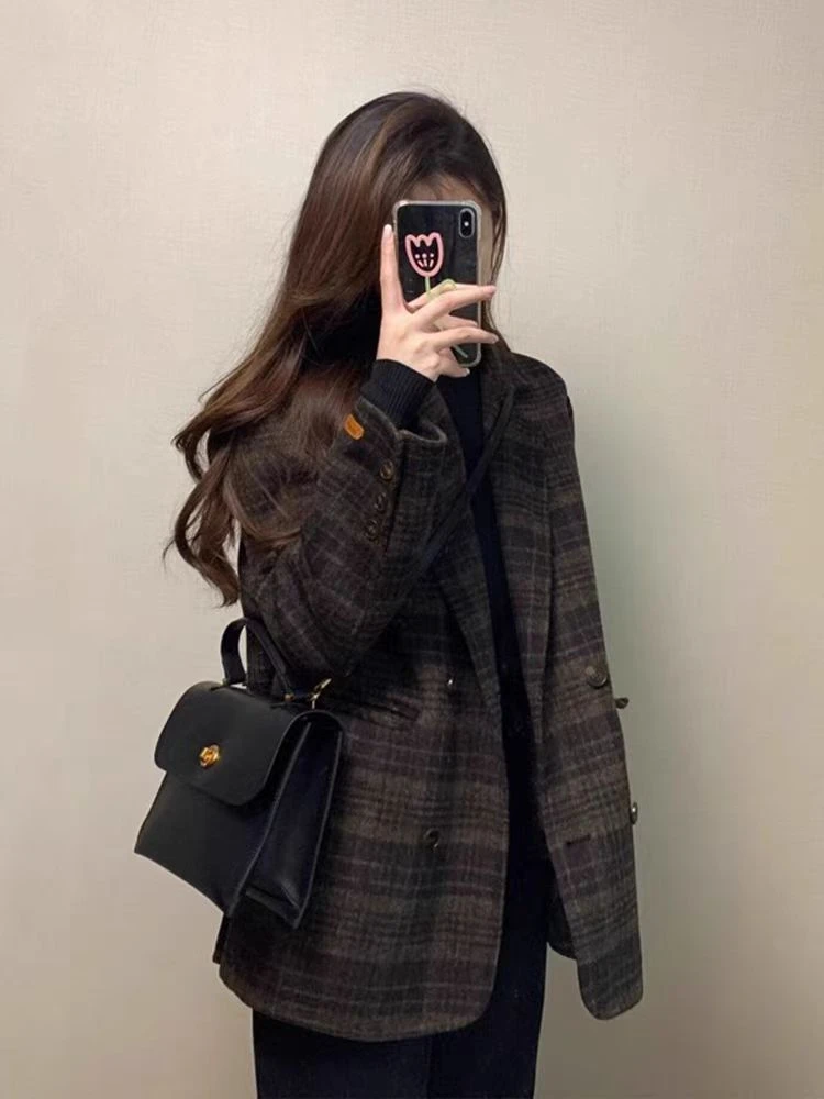复古小香风格子西装呢子外套2025秋冬新款韩系加厚显瘦百搭毛妮