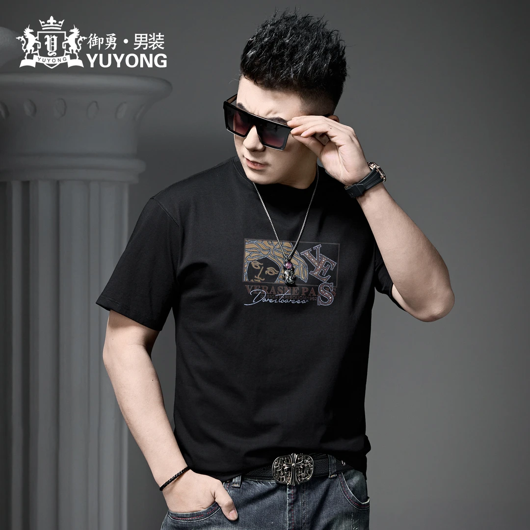 欧洲站2025新款男士印花烫钻短袖t恤夏季潮流休闲体恤半袖上衣男