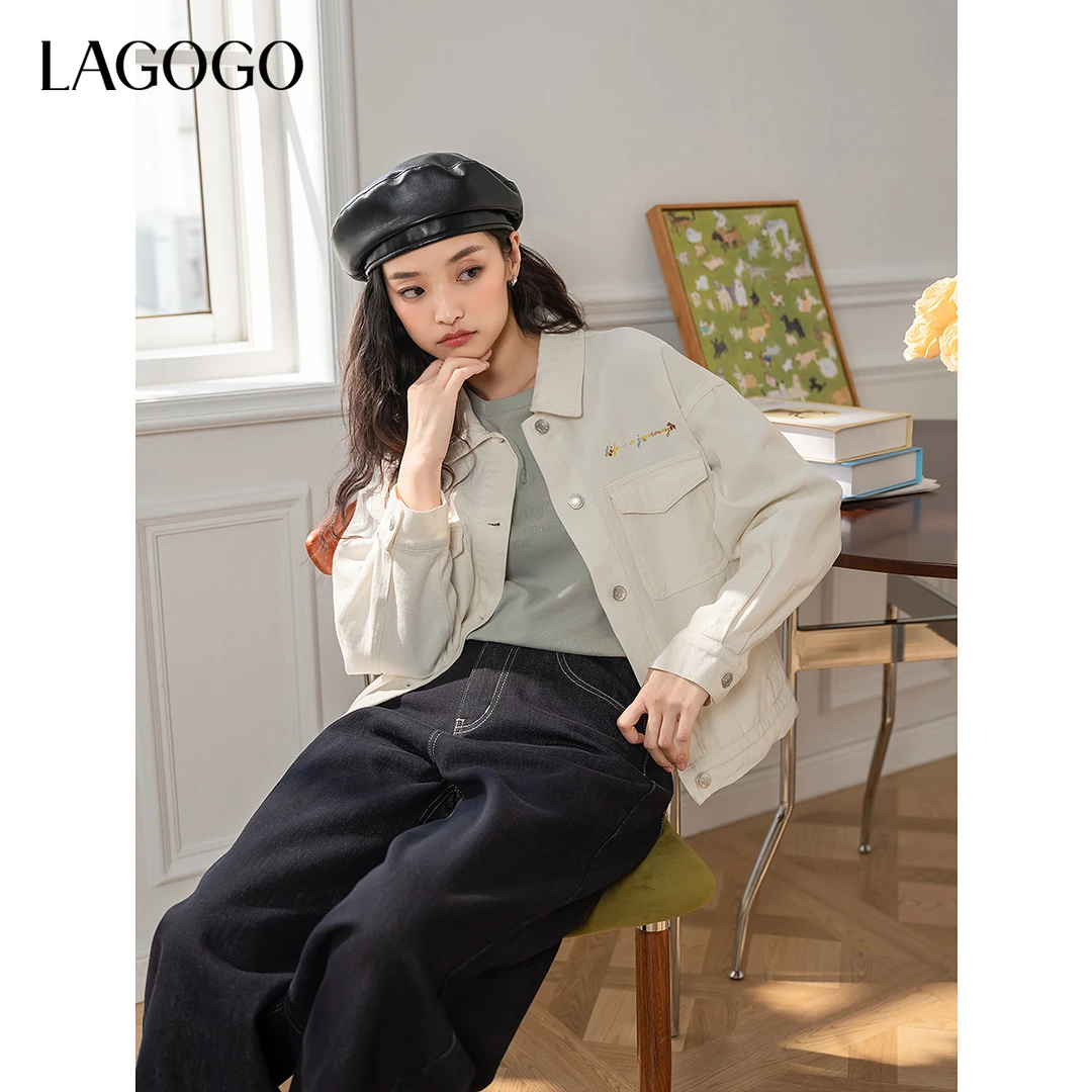 【lagogo】lagogo新款百搭休闲刺绣气质牛仔外套女OAWW511G01