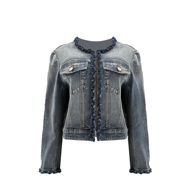 【手工小香牛仔】25年春新款小香风圆领复古牛仔夹克上衣2L71W5602