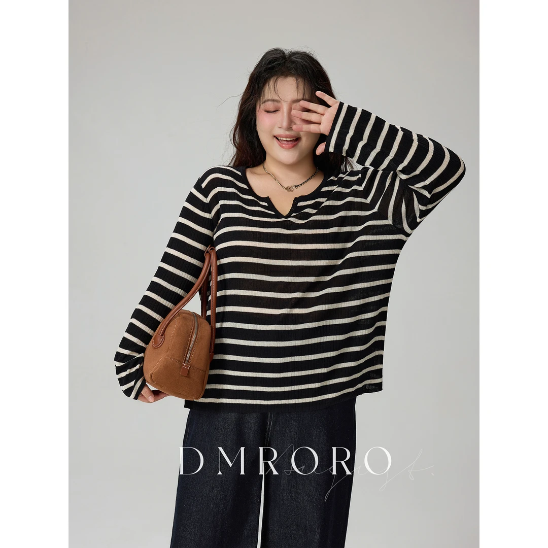 肉肉小姐大码女装早秋新品V领条纹针织衫宽松减龄显瘦长袖上衣