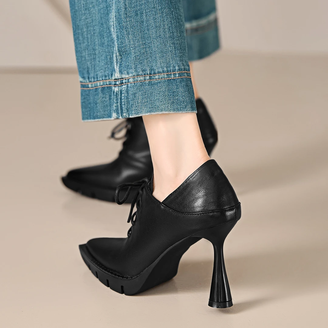 小个子手工女鞋8.9cm~系带新款单鞋细跟尖头高跟防水台职业工作鞋