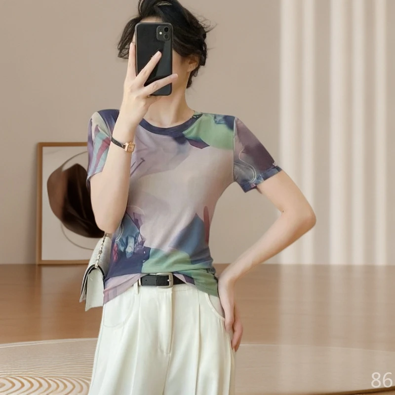 显瘦小衫网红网纱上衣短袖女款爆款2025新款洋气衣服大码女人味微