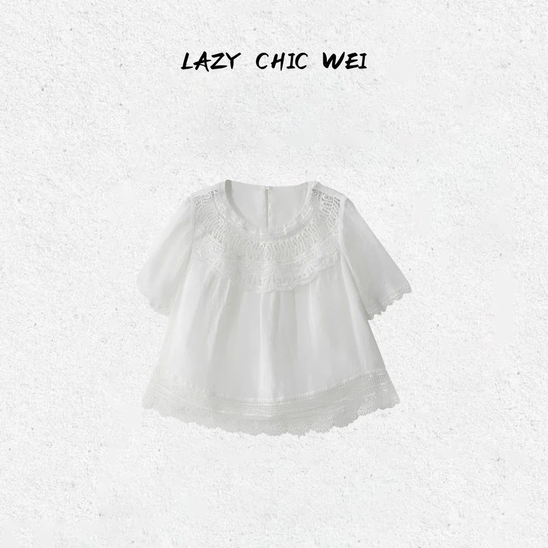 WEI “白蕾”莱赛尔苎麻混纺蕾丝拼接圆领镂空刺绣娃娃衫25SSW1348