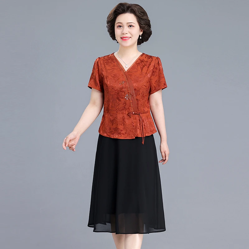 假两件连衣裙女气质洋气时尚夏季中长款大码妈妈装显瘦中老年复古