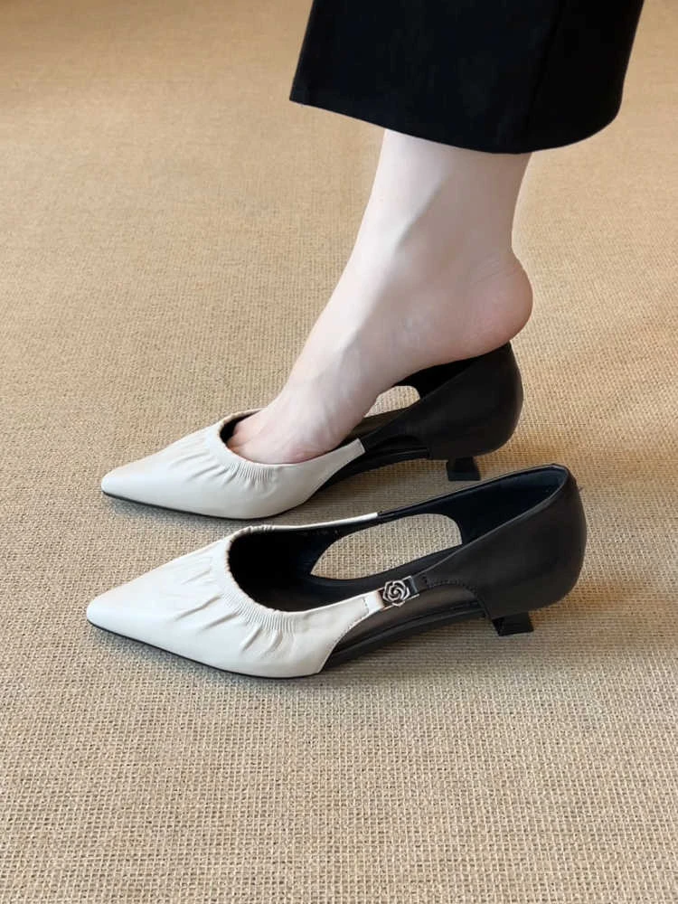 清仓断码真皮3cm气质尖头优雅镂空浅口单鞋百搭通勤褶皱包头凉鞋