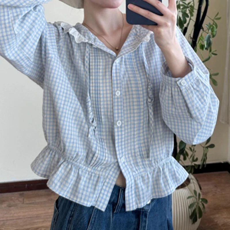 格纹撞色木耳边纽扣长袖衬衫女2025夏季新款甜美减龄裙摆连帽上衣