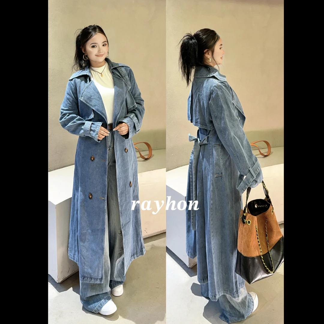 Rayhon秋季新款女翻领配腰带长款复古通勤风牛仔大衣