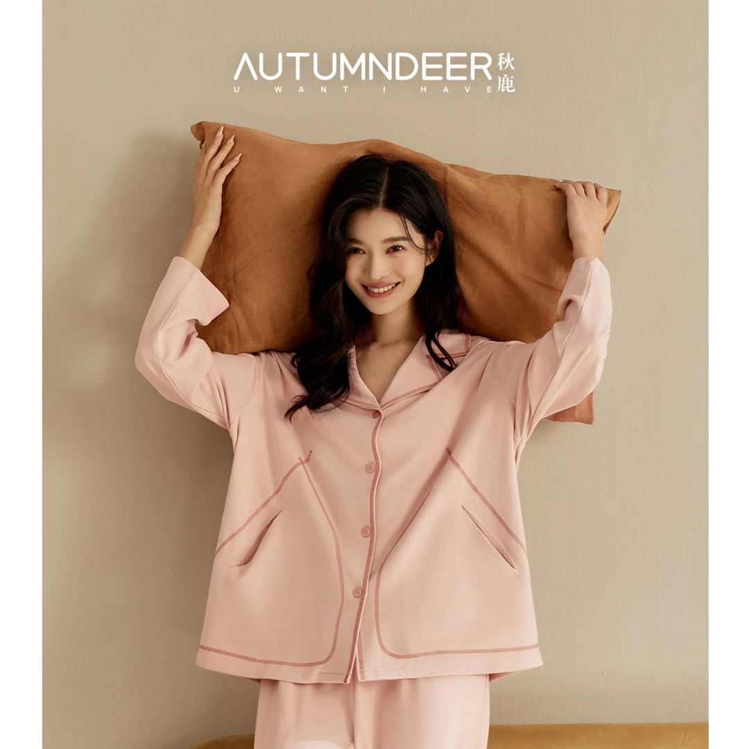 秋鹿新品舒适保暖磨毛情侣款睡衣女款2025新款秋季长袖家居服男士