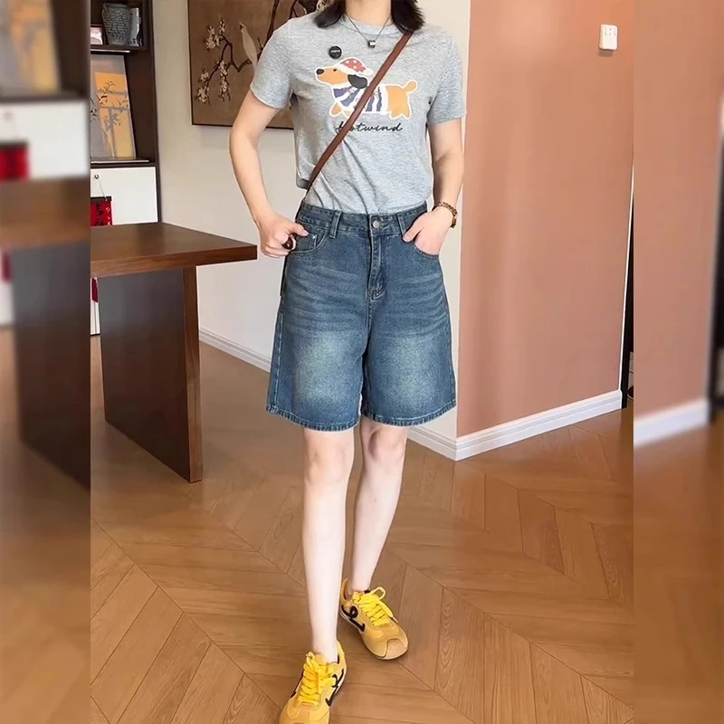雪千羽复古蓝牛仔短裤女2025夏新款梨形身材小个子a字五分直筒裤
