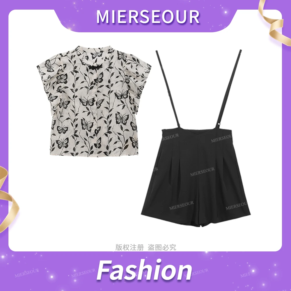 新款蝴蝶印花背带裤套装女6138