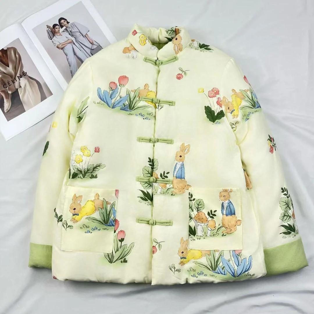 棉服兔子保暖短款印花棉衣宽松型厚款圆领立领女士时尚秋冬绣花