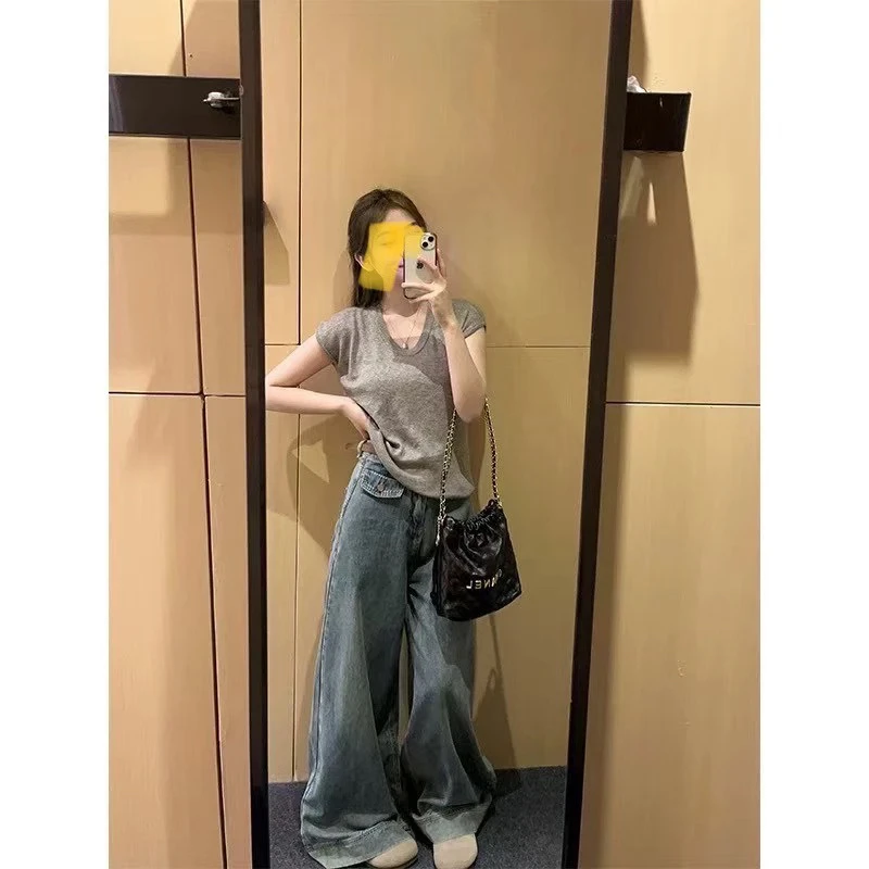 9595# 大码复古辣妹设计感水洗牛仔裤加厚绒