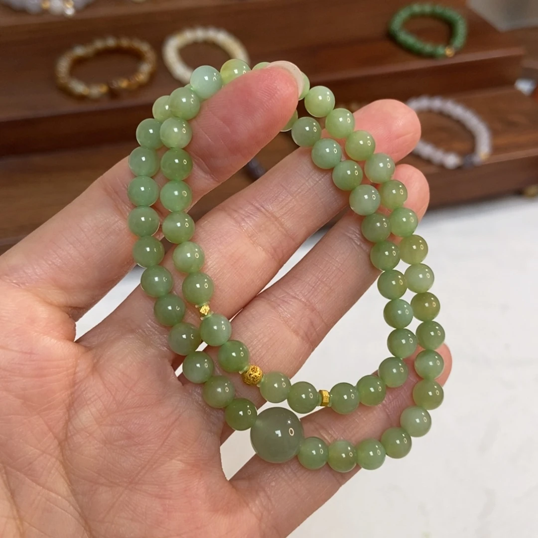 和田玉18K金镶嵌手链6mm黑阳洞双圈微猫