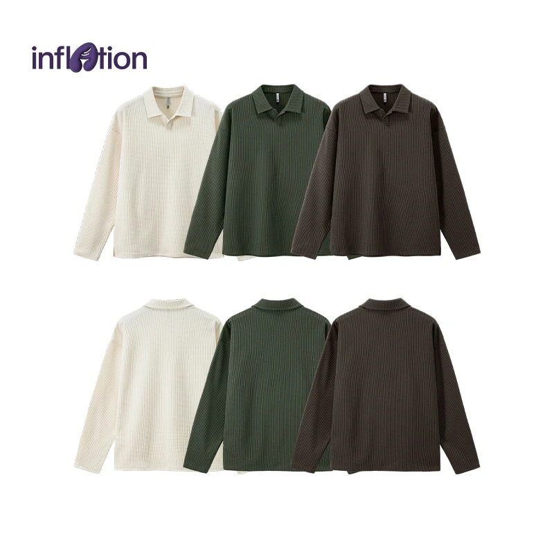 膨胀潮牌华夫格海鸥领长袖T恤25秋季新品潮牌休闲纯色翻领上衣男