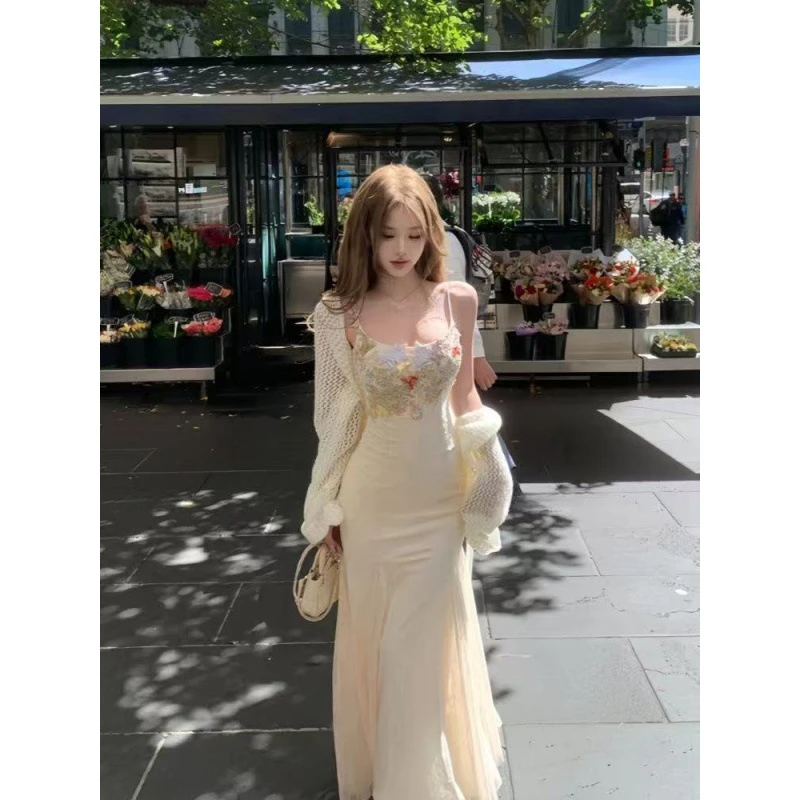 蕾丝花朵重工刺绣网纱吊带连衣裙女修身显瘦性感镂空鱼尾吊带裙子