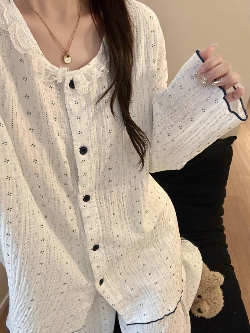 春秋季薄款韩系ins风甜美碎花睡衣女长袖宽松简约蕾丝花边家居服