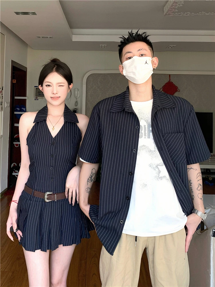 情侣装夏季条纹连衣裙纯欲辣妹挂脖百褶连衣裙潮流时尚男衬衫