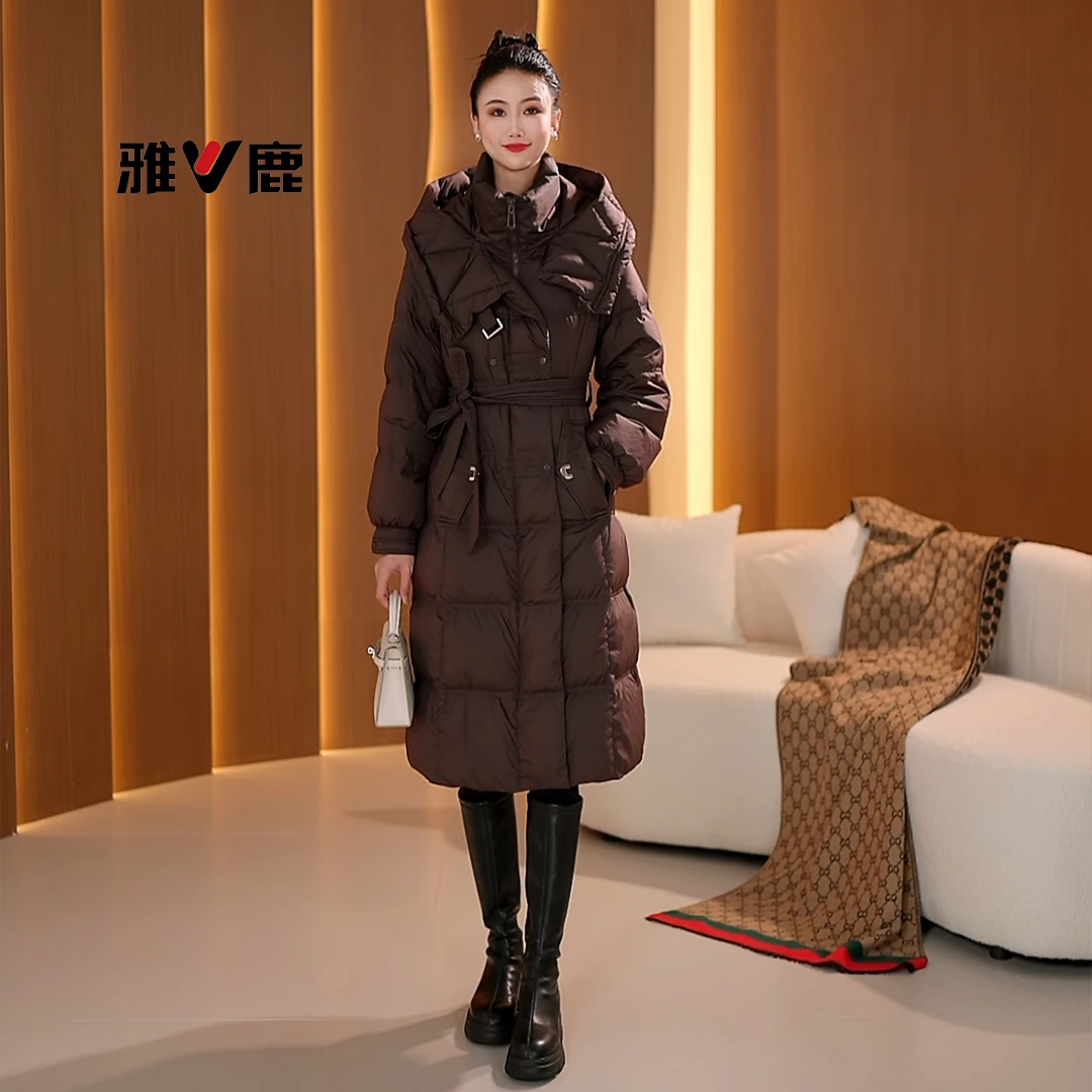 新款腰带款连帽中长款羽绒服时尚加厚保暖外套中长款白鸭绒