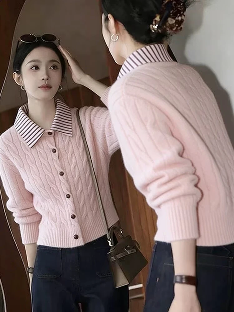 职业阿玛诗官2025秋冬新款麻花宽松长袖针织开衫女款翻领毛衣外套